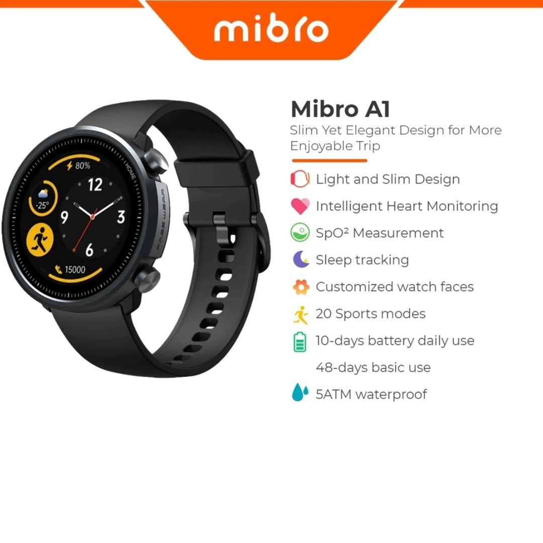 Mibro Smart Watch A1 with Black Strap - 1.28" HD Display, 5ATM Waterproof, Heart Rate, SpO2 Monitor, 20 Sports Modes, 10 Days Battery Life