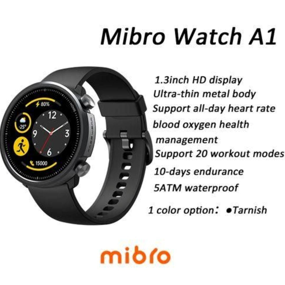 Mibro Smart Watch A1 with Black Strap - 1.28" HD Display, 5ATM Waterproof, Heart Rate, SpO2 Monitor, 20 Sports Modes, 10 Days Battery Life